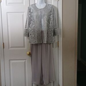 Alex Evenings silver 2pc pant set wide leg pants open front lace jacket Sz XL